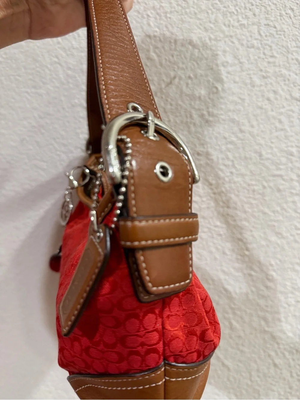 Coach Red Signature Jacquard Shoulder Bag with Brown Leather Trim